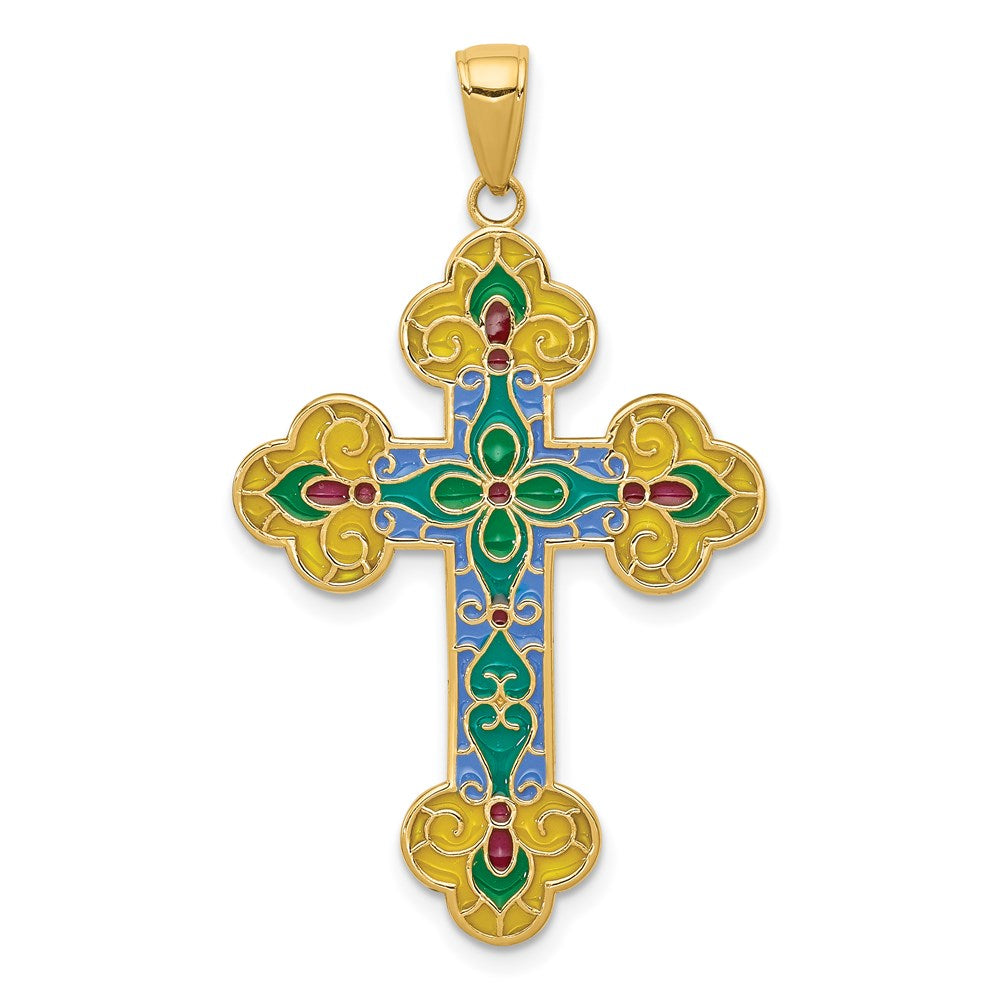 14k Yellow Gold 24 mm Acrylic Flower Center Budded Cross Pendant (2.17 grams)