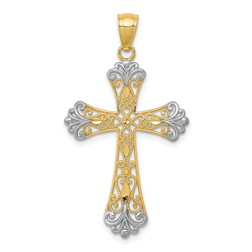 14k Yellow & Rhodium 21 mm Diamond-cut Cross Pendant (1.04 grams)