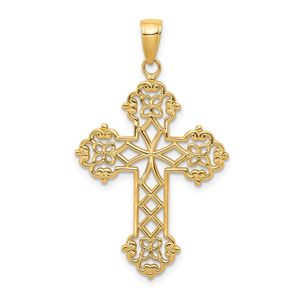 14k Yellow Gold 23 mm Lacey Budded Cross Pendant (2.2 grams)