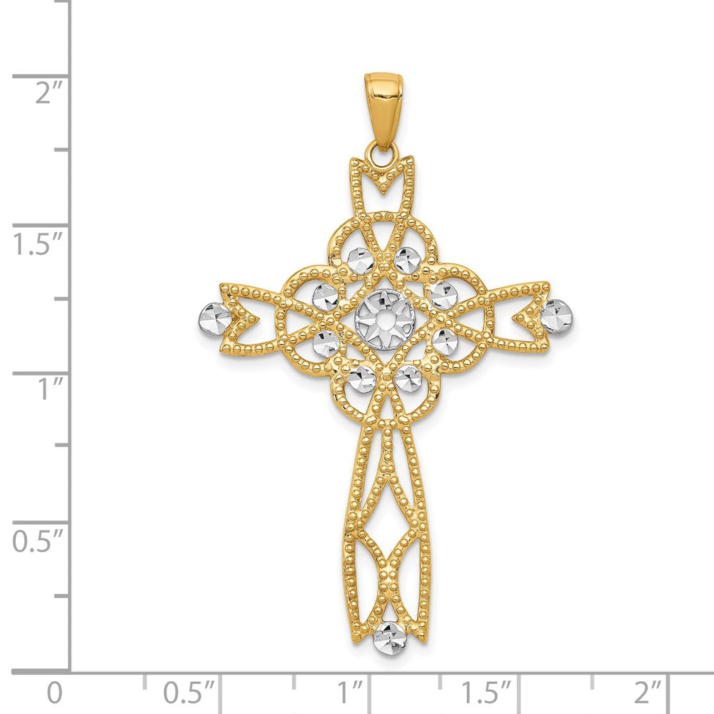 14k Yellow & Rhodium 30 mm Diamond-cut Beaded Trim Infinity Cross Pendant (2.47 grams)