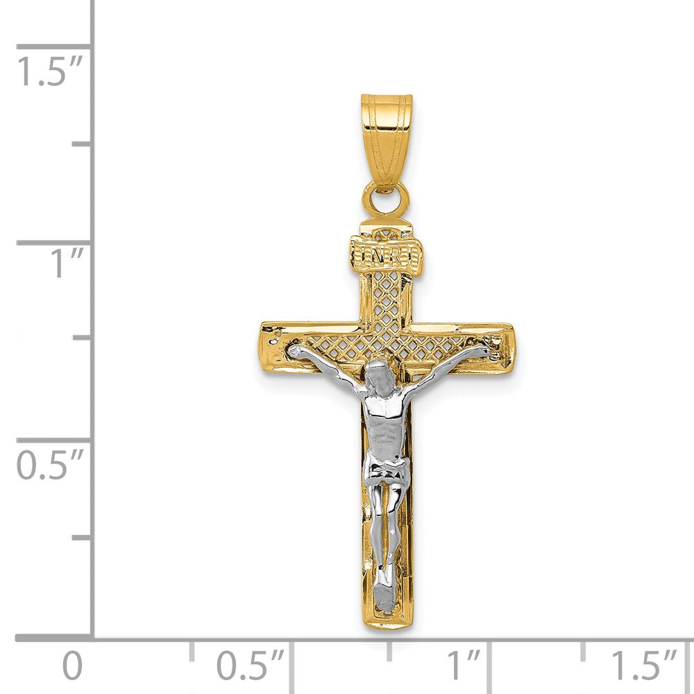 14k Two-tone 16 mm Two-tone Diamond-cut Lattice Cross w/Jesus Crucifix Pendant (1.22 grams)