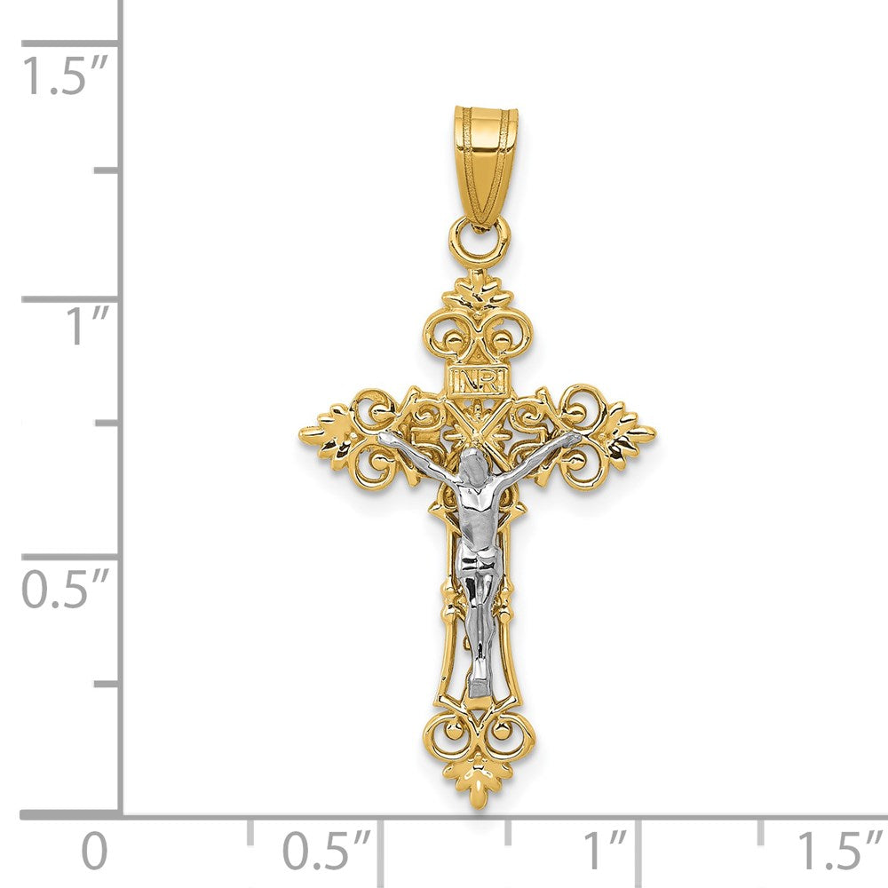 14k Two-tone 18 mm Two-Tone Medium Lacy-Edge Inri Jesus Crucifix Pendant (1.65 grams)
