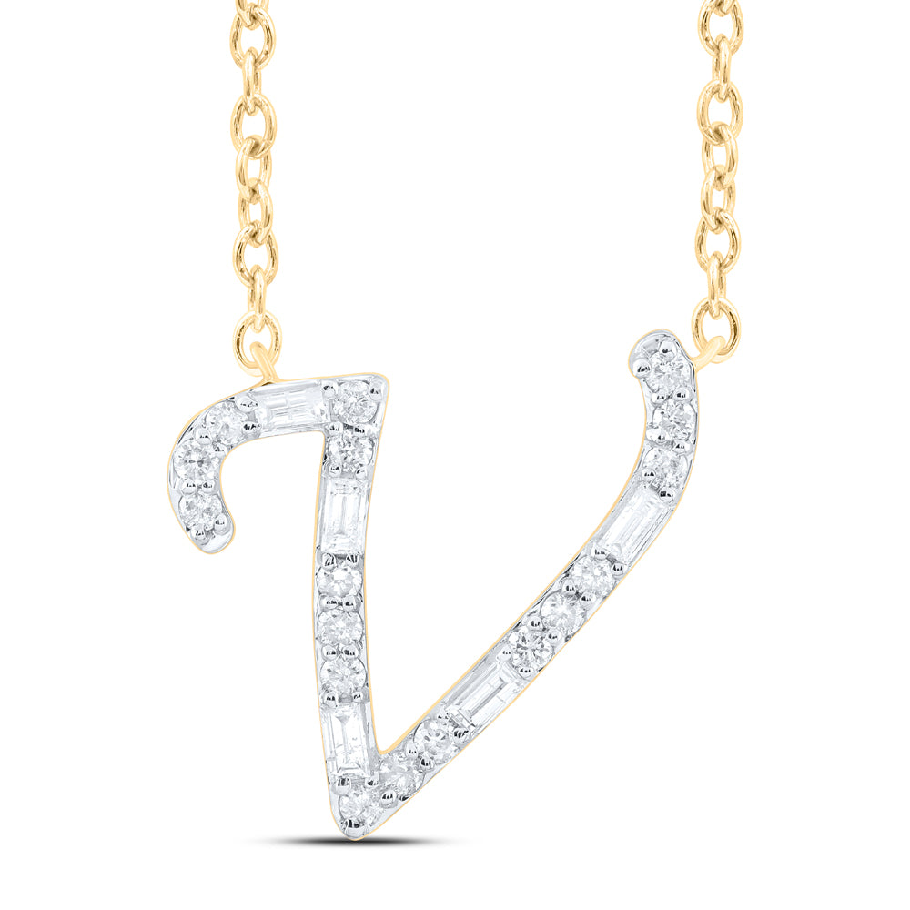 10Kt Gold 1/5Ctw-Dia Cn Initial V" Fashion Baguette Necklace (18 Inch) "