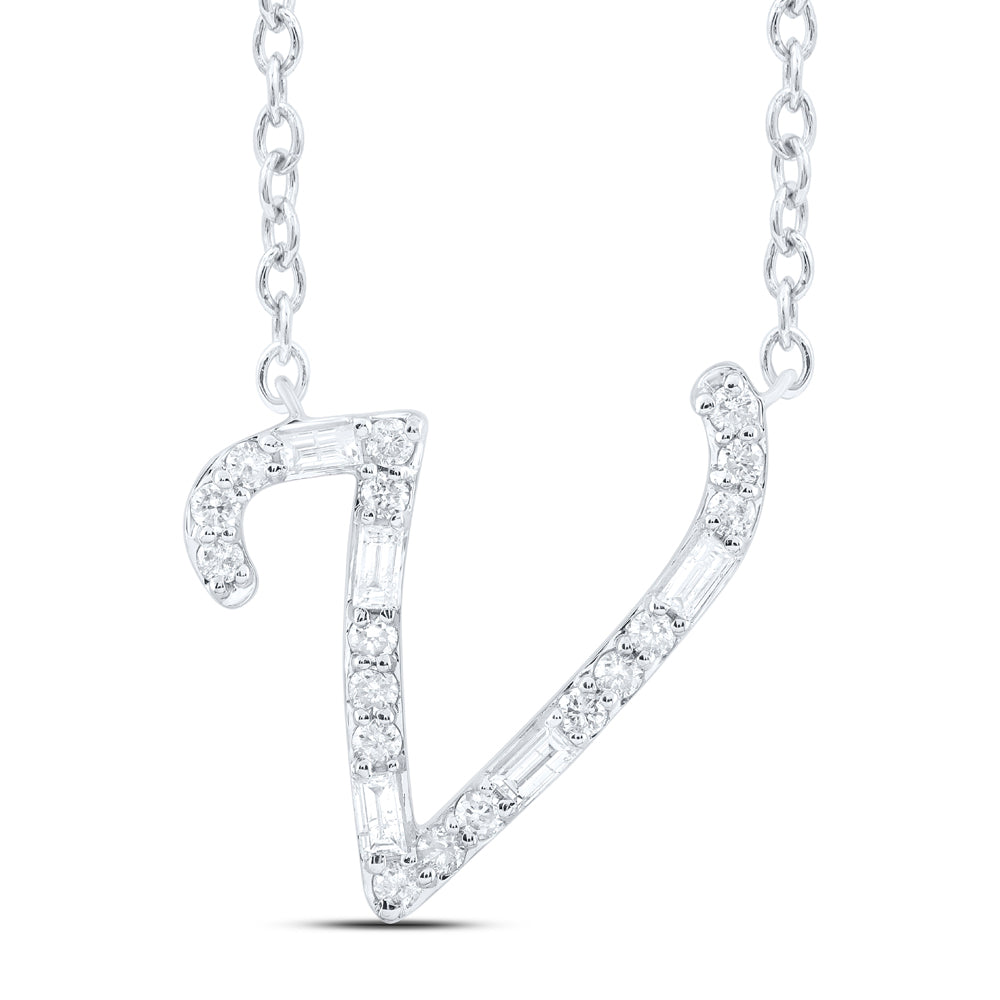10Kt Gold 1/5Ctw-Dia Cn Initial V" Fashion Baguette Necklace (18 Inch) "
