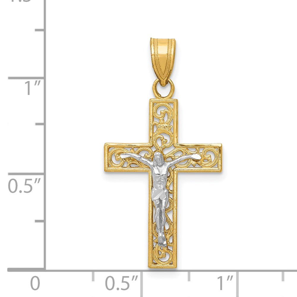 14k Two-tone 16 mm Two-Tone D/C Small Block Filigree Jesus Crucifix Pendant (1.09 grams)