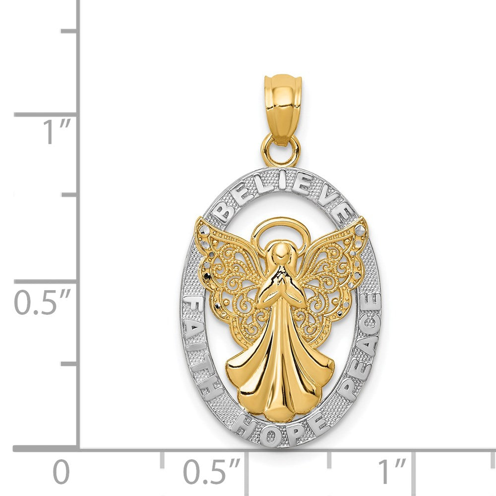 14k Yellow & Rhodium 16 mm BELIEVE PEACE FAITH HOPE Angel Pendant (1.53 grams)