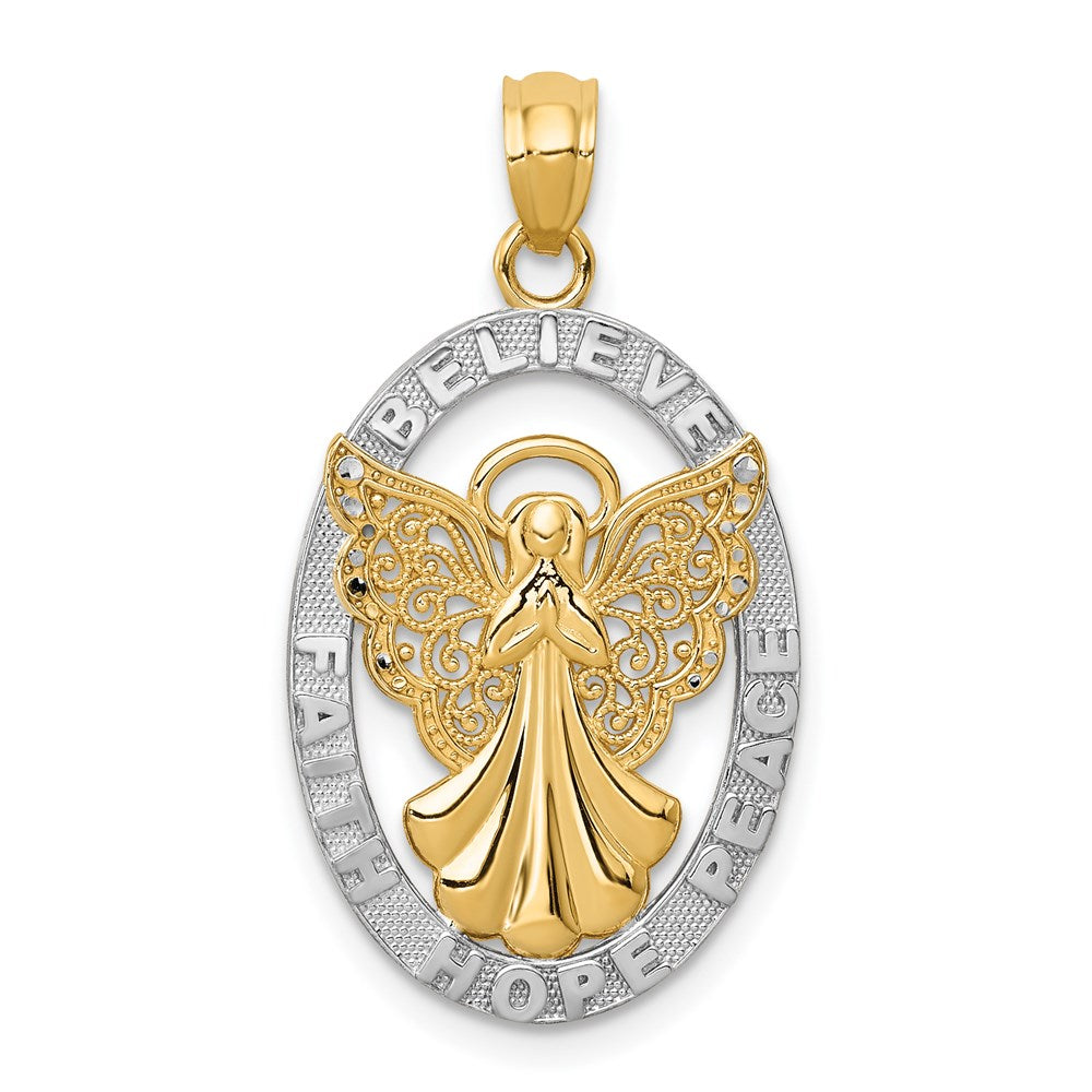14k Yellow & Rhodium 16 mm BELIEVE PEACE FAITH HOPE Angel Pendant (1.53 grams)