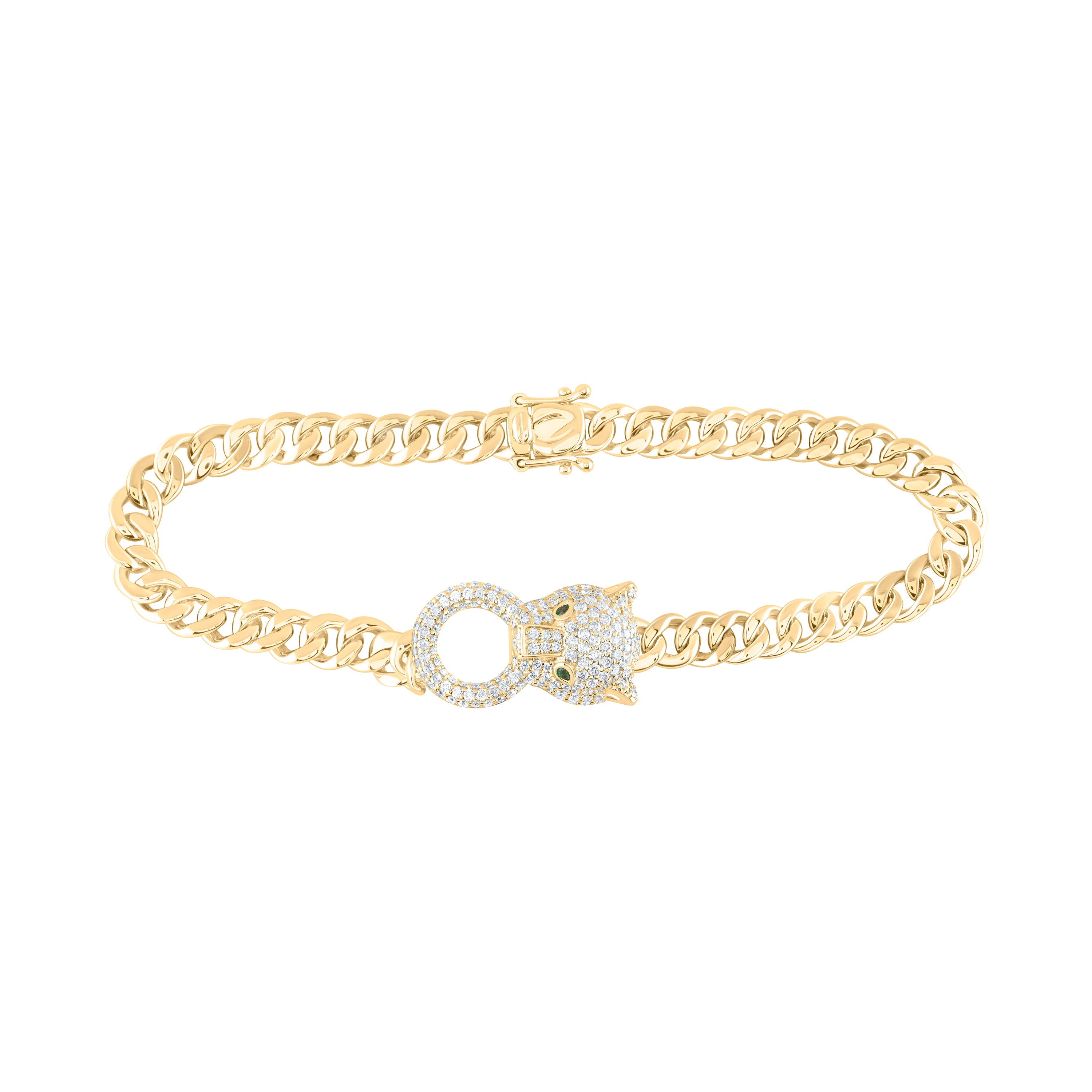 1 1/3Ctw-Nat Diamond 0.03Ctw-Rd-Em Nat Gem Ladies Leopard Curb Chain Bracelet (7 Inch)