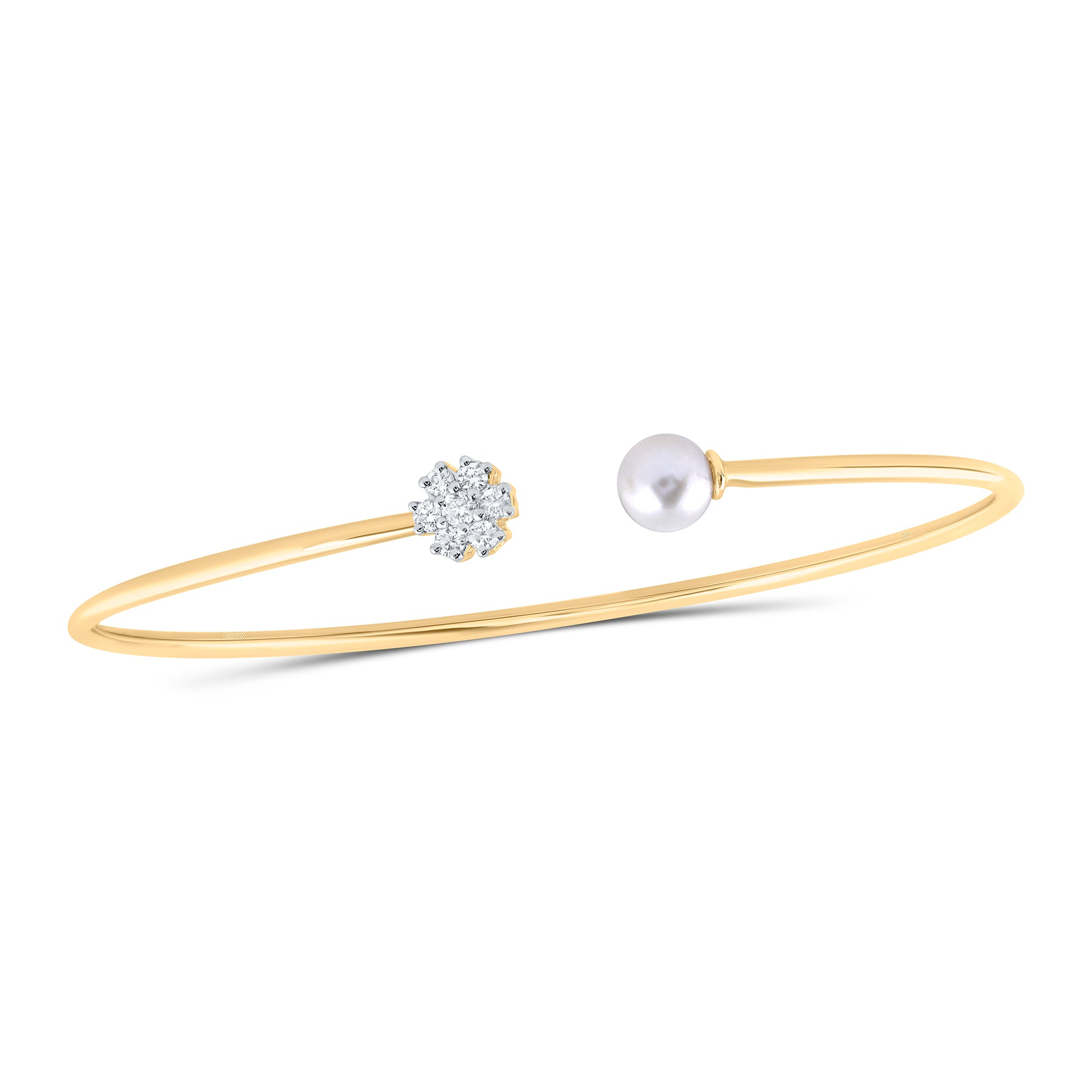 10Kt Gold 1/5Ctw-Diamond 6.5Mm-Pearl Flower Ladies Bangle (60X48Mm)