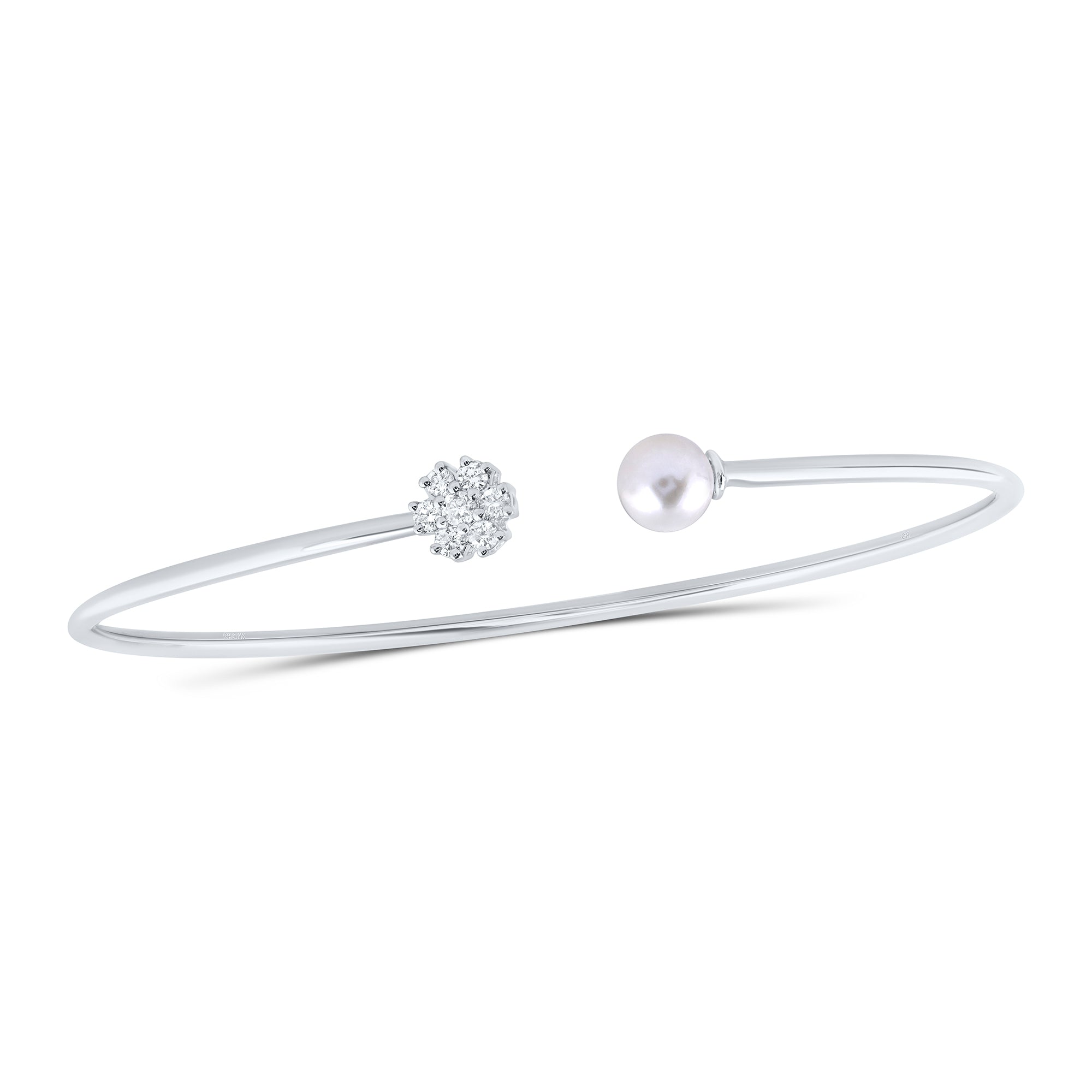 10Kt Gold 1/5Ctw-Diamond 6.5Mm-Pearl Flower Ladies Bangle (60X48Mm)