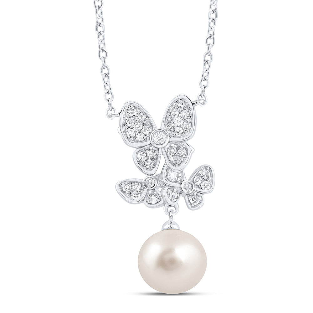 10Kt Gold 1/8Ctw-Diamond 7Mm-Pearl Butterfly Necklace (18 Inch)