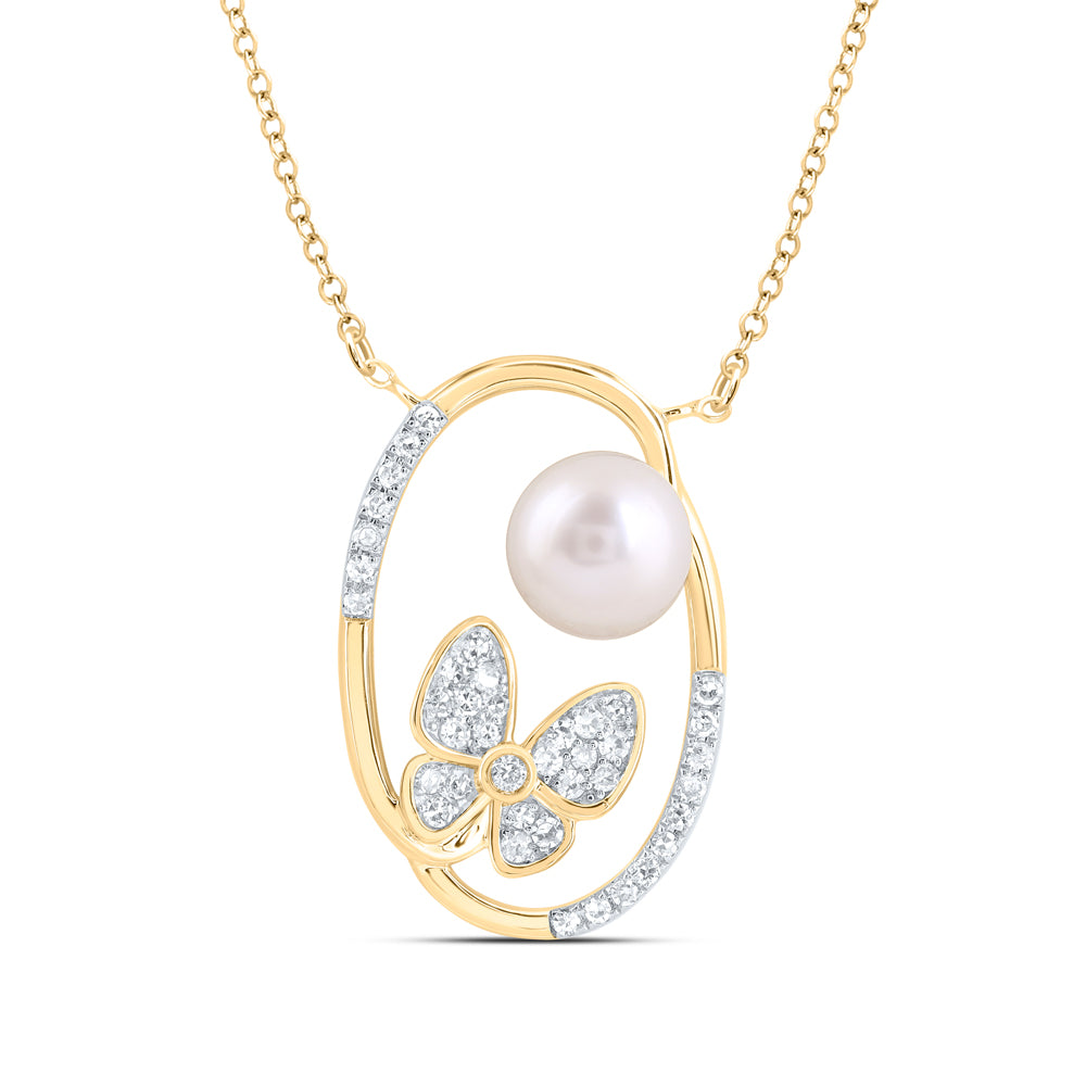 10Kt Gold 1/5Ctw-Diamond 6.5Mm-Pearl Butterfly Necklace (18 Inch)