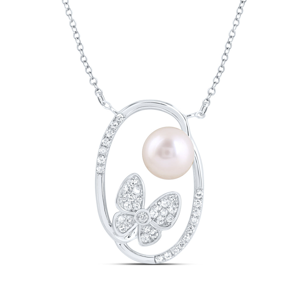 10Kt Gold 1/5Ctw-Diamond 6.5Mm-Pearl Butterfly Necklace (18 Inch)