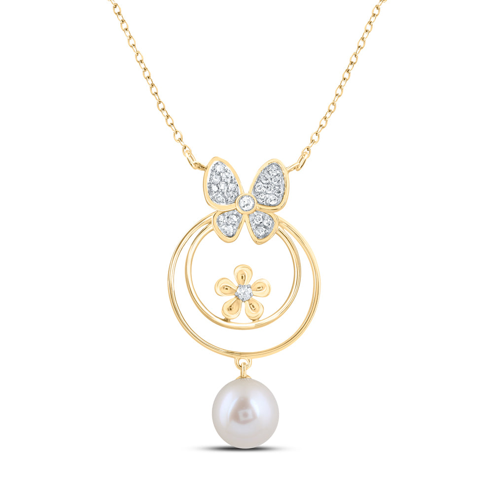10Kt Gold 1/8Ctw-Diamond 7Mm-Pearl Butterfly Necklace (18 Inch)