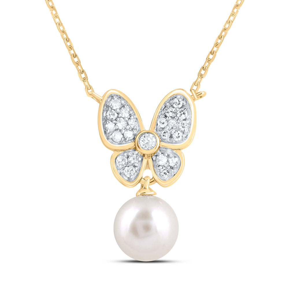 10Kt Gold 1/8Ctw-Diamond 6Mm-Pearl Butterfly Necklace (18 Inch)