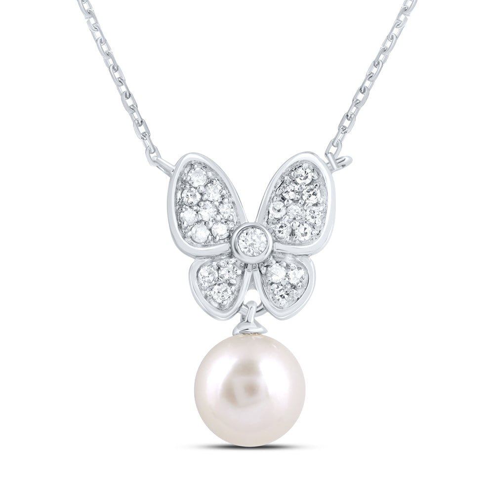 10Kt Gold 1/8Ctw-Diamond 6Mm-Pearl Butterfly Necklace (18 Inch)