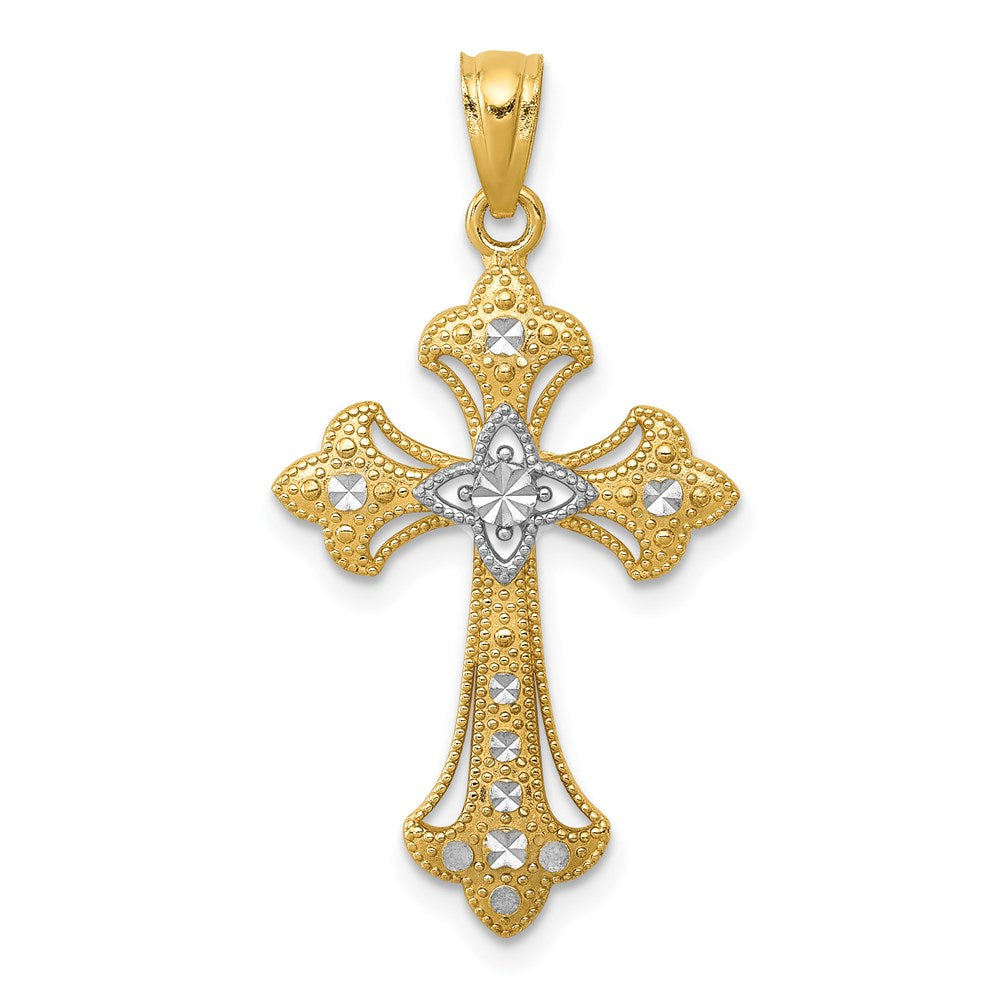 14k Yellow & Rhodium 16 mm Diamond-Cut Cross Pendant (0.87 grams)