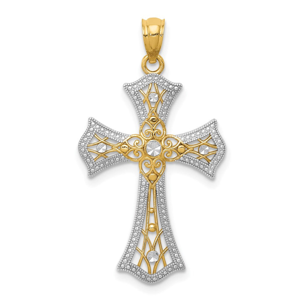 14k Yellow & Rhodium 18 mm Diamond-Cut Cross Pendant (1.09 grams)