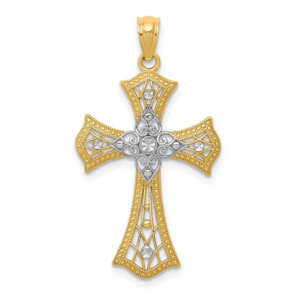 14k Yellow & Rhodium 18 mm Diamond-Cut Cross Pendant (1.11 grams)
