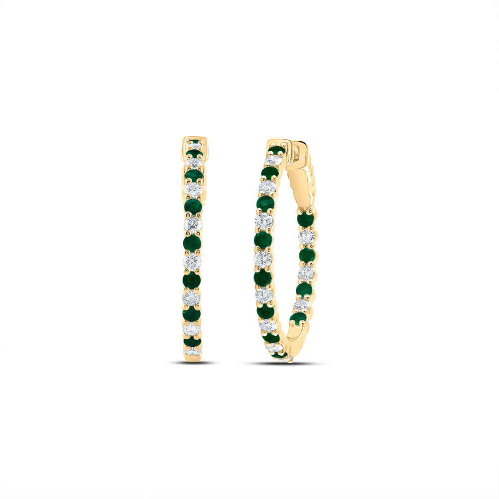 14Kt Gold 7/8Ctw-Diamond 1Ct Rd-Em Nat Gem Hoop Earring