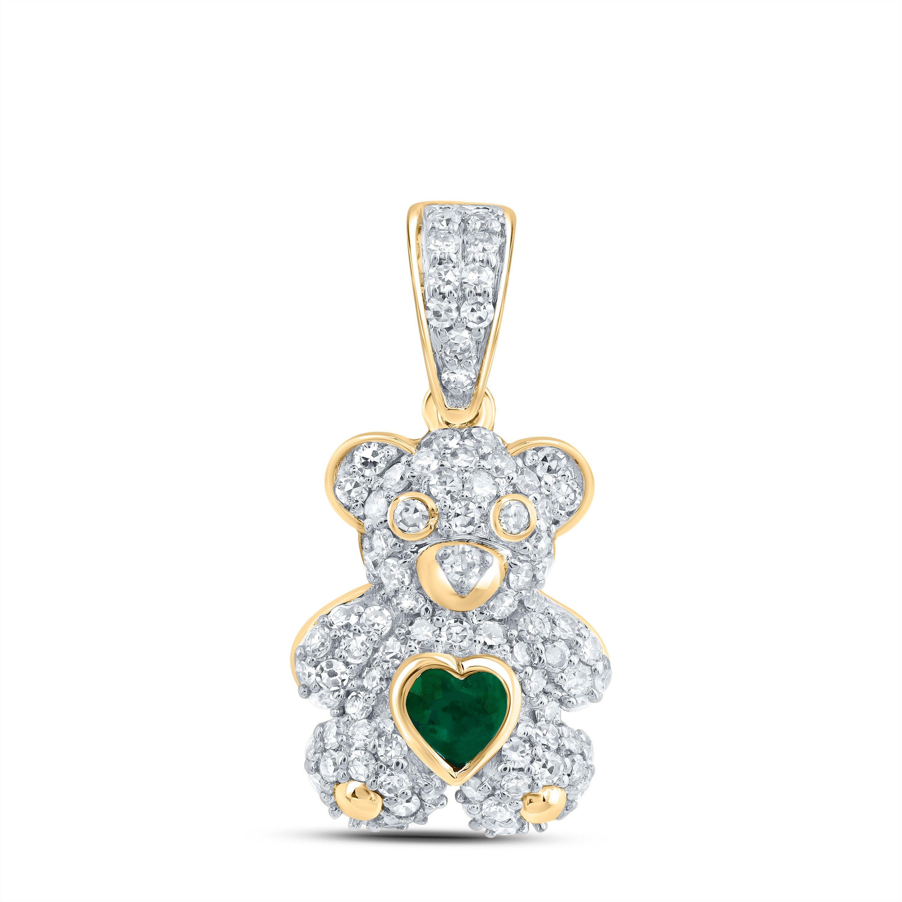 10Kt Gold 1/3Ctw-Dia Nk 3X3Mm Hs-Em Nat Gem Heart Teddy Bear Pendant