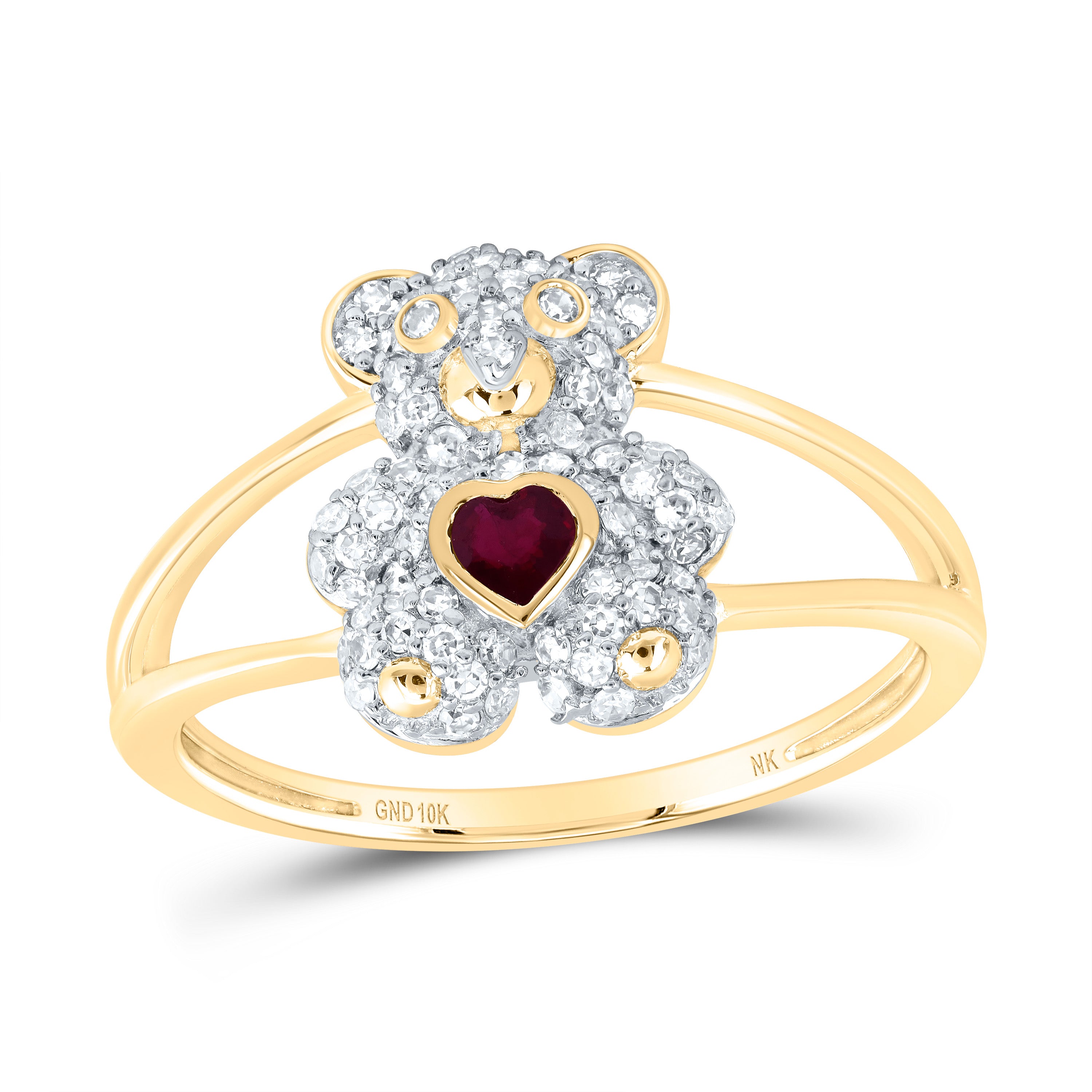 1/3Ctw-Nat Dia Nk 3X3Mm Hs-Ru Nat Gem Heart Teddy Bear Ring (2 grams)
