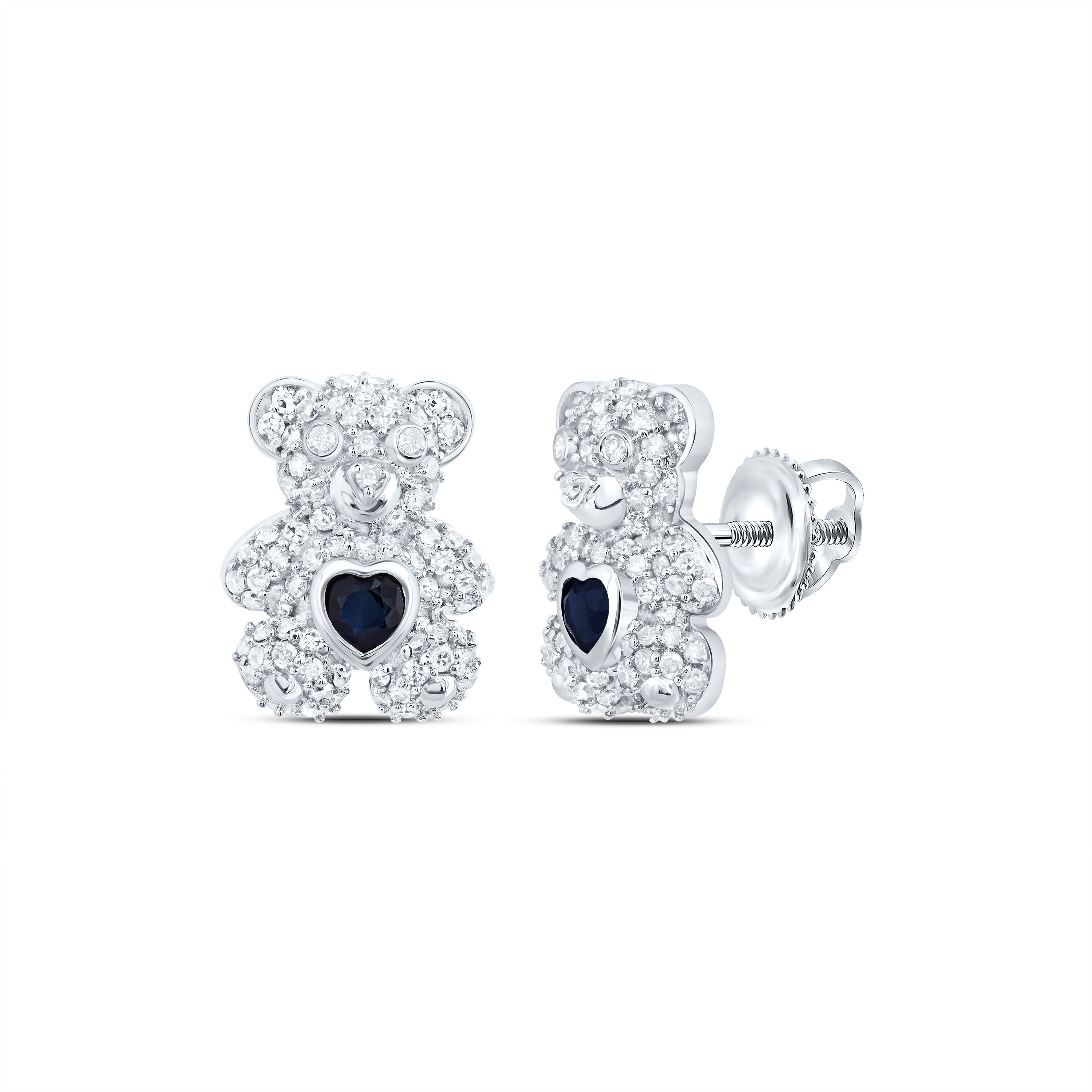 10Kt Gold 1/2Ctw-Dia Nk 3X3Mm Hs-Bs Nat Gem Heart Teddy Bear Earring