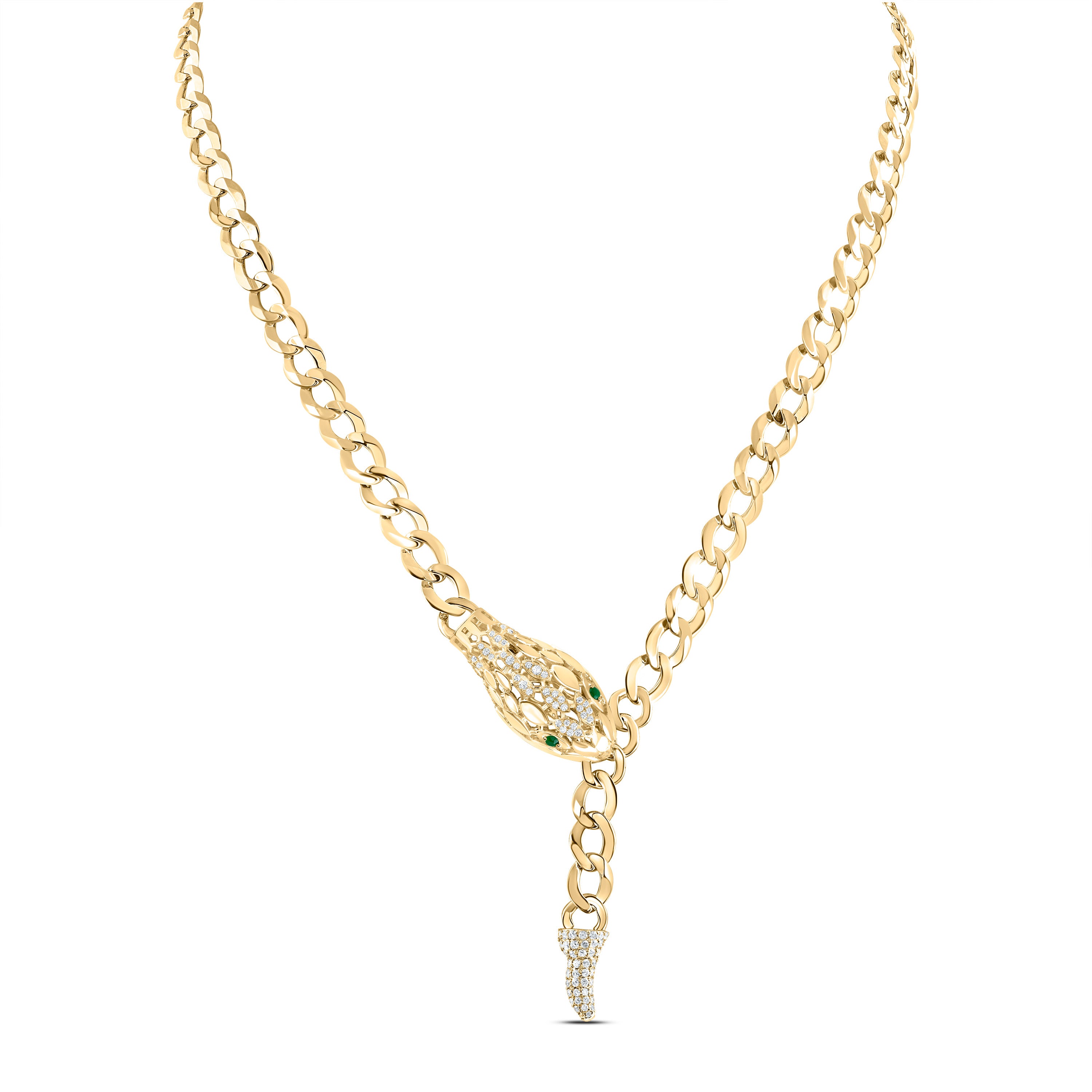 14Kt Gold 3/4Ctw-Dia Ana M 1/10Ct Rd-Em Nat Gem Snake Necklace(18Inch)