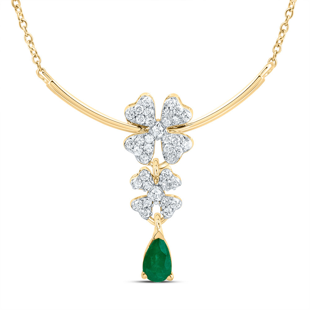 14Kt Gold 1/5Ctw-Diamond 6X4Mm Ps-Em Nat Gem Fashion Flower Necklace(18 Inch)
