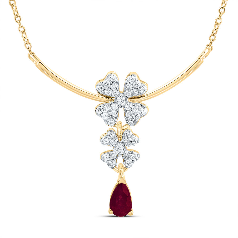 14Kt Gold 1/5Ctw-Diamond 6X4Mm Ps-Ruby Nat Gem Fashion Flower Necklace(18 Inch)