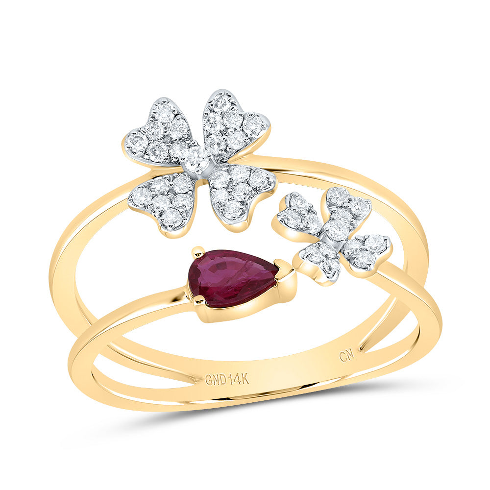 1/5Ctw-Nat Dia Cn 5X3Mm Ps-Ruby Nat Gem Fashion Flower Ring (2.59 grams)