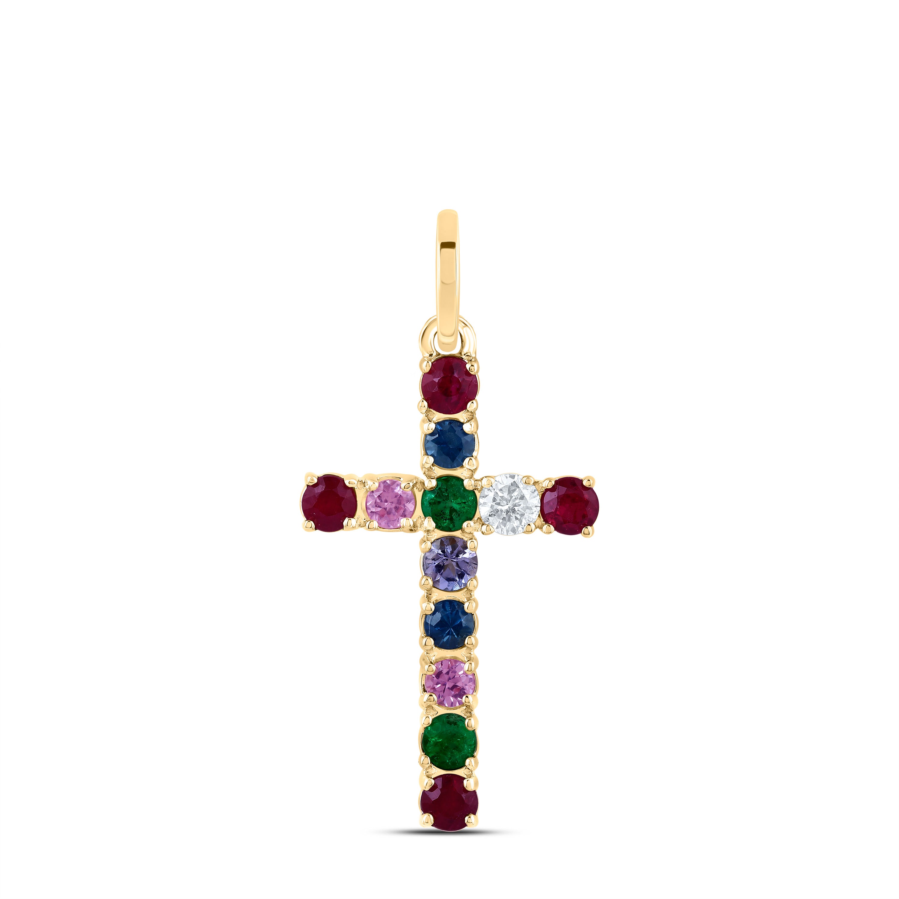 14Kt Gold 1/20Ctw-Dia Cn 3/8Ct-Rd-Nat Gem Multi Clr Sapphire Cross Pendant