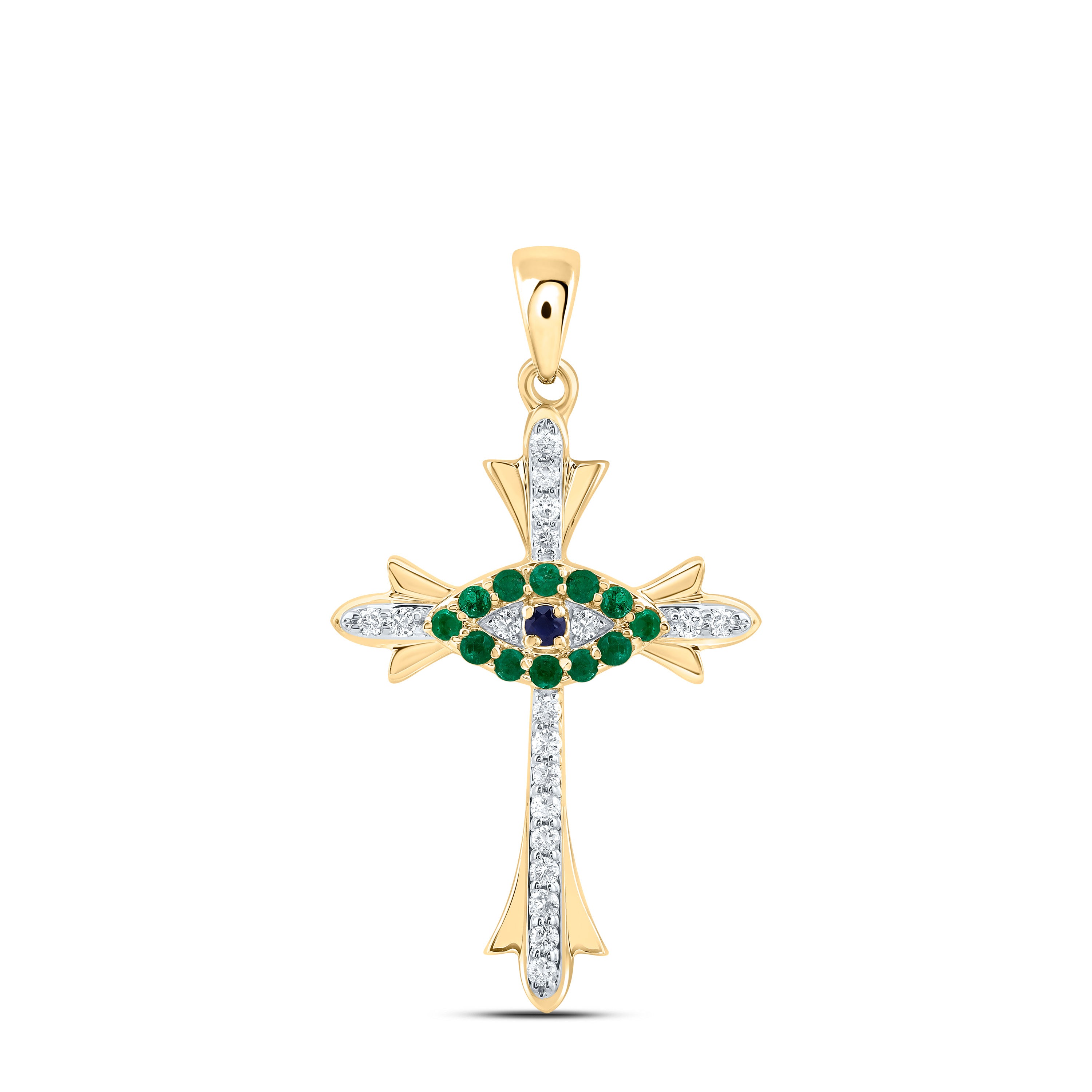 14Kt Gold 1/10Ctw-Dia Cn 1/10Ct-Rd-Bs, 0.015Ct-Rd-Em Nat Gem Cross Pendant