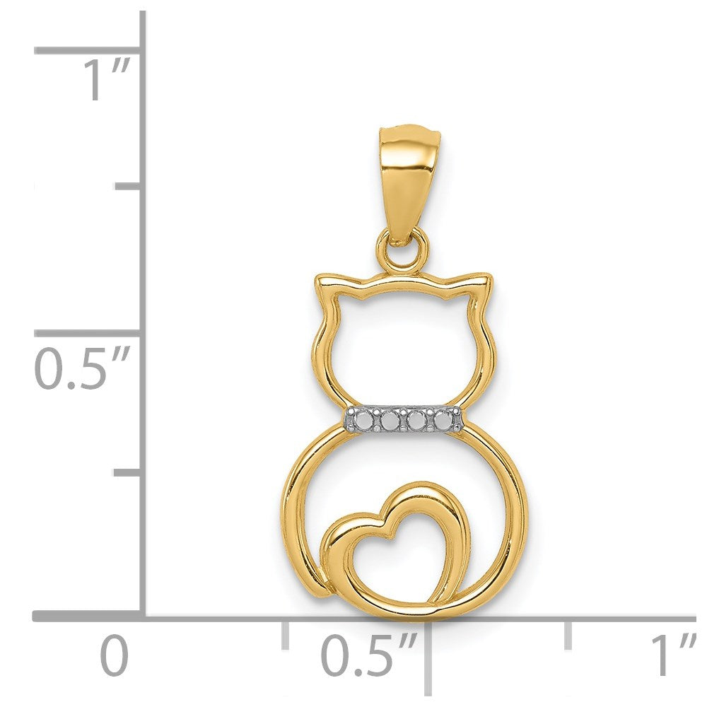 14k and White Rhodium Diamond-cut Sitting Cat with Heart Pendant (0.51 grams)