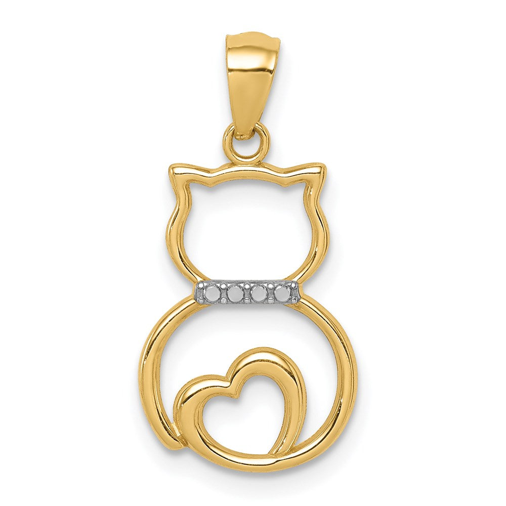 14k and White Rhodium Diamond-cut Sitting Cat with Heart Pendant (0.51 grams)