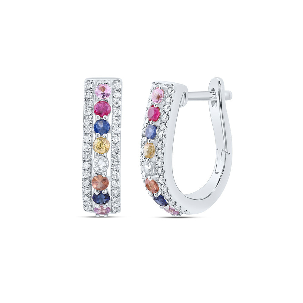 14Kt Gold 1/4Ctw-Dia Cn 5/8Ct Rd-Nat Gem Multi Clr Sapphire Hoop Earring