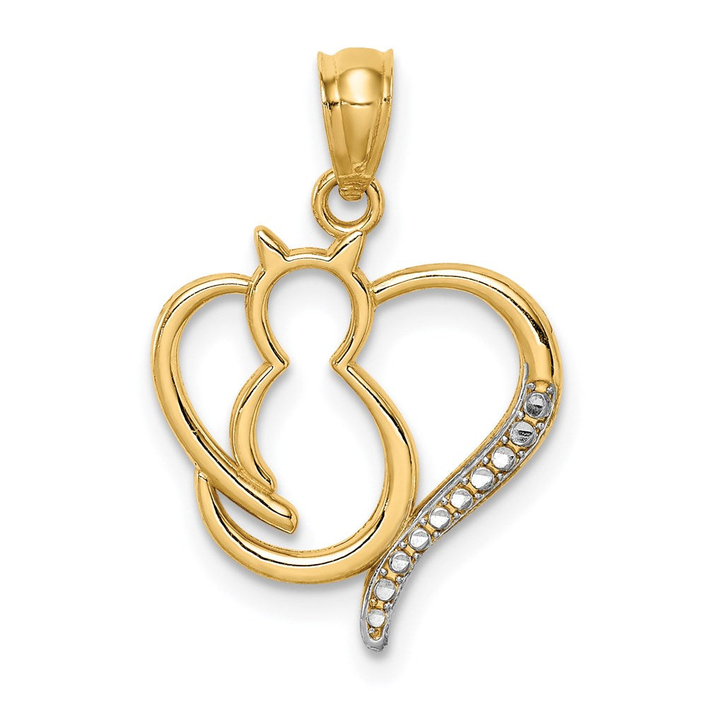 14K and White Rhodium Sitting Cat in a Heart Pendant (0.66 grams)