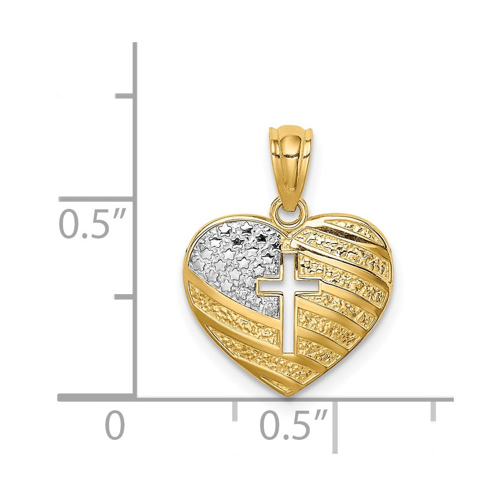 14k Yellow & Rhodium 13 mm US Flag With Cross Heart Pendant (0.74 grams)