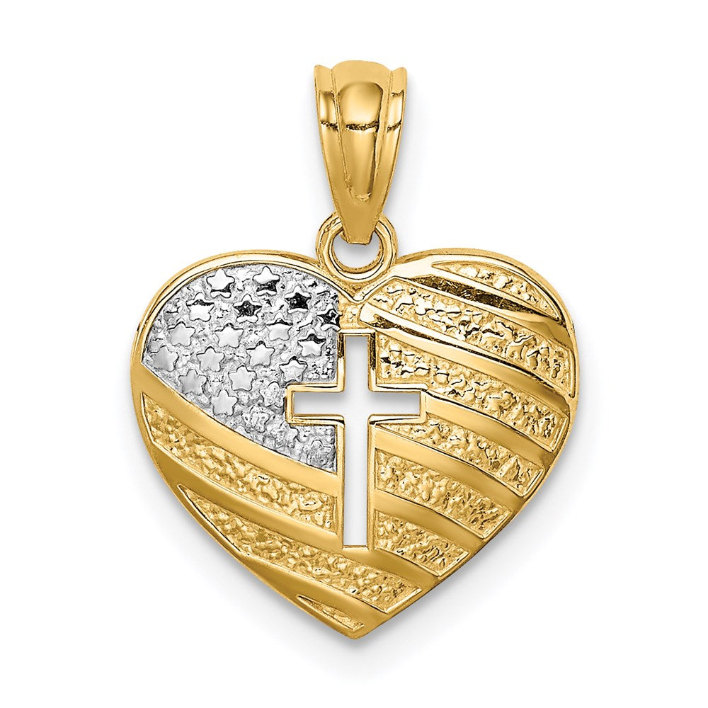 14k Yellow & Rhodium 13 mm US Flag With Cross Heart Pendant (0.74 grams)