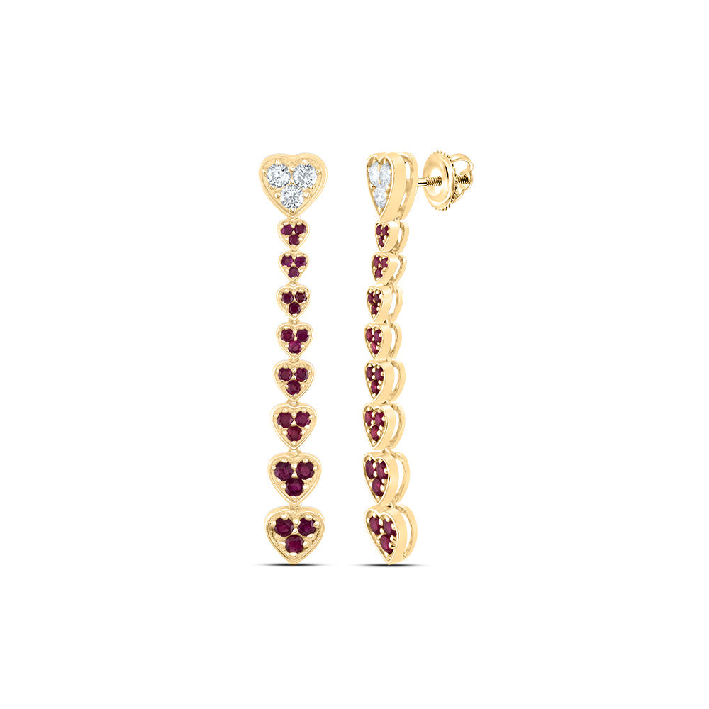 14Kt Gold 1/3Ctw-Dia Ana M 7/8Ct Rd-Ru Nat Gem Heart Dangling Earring