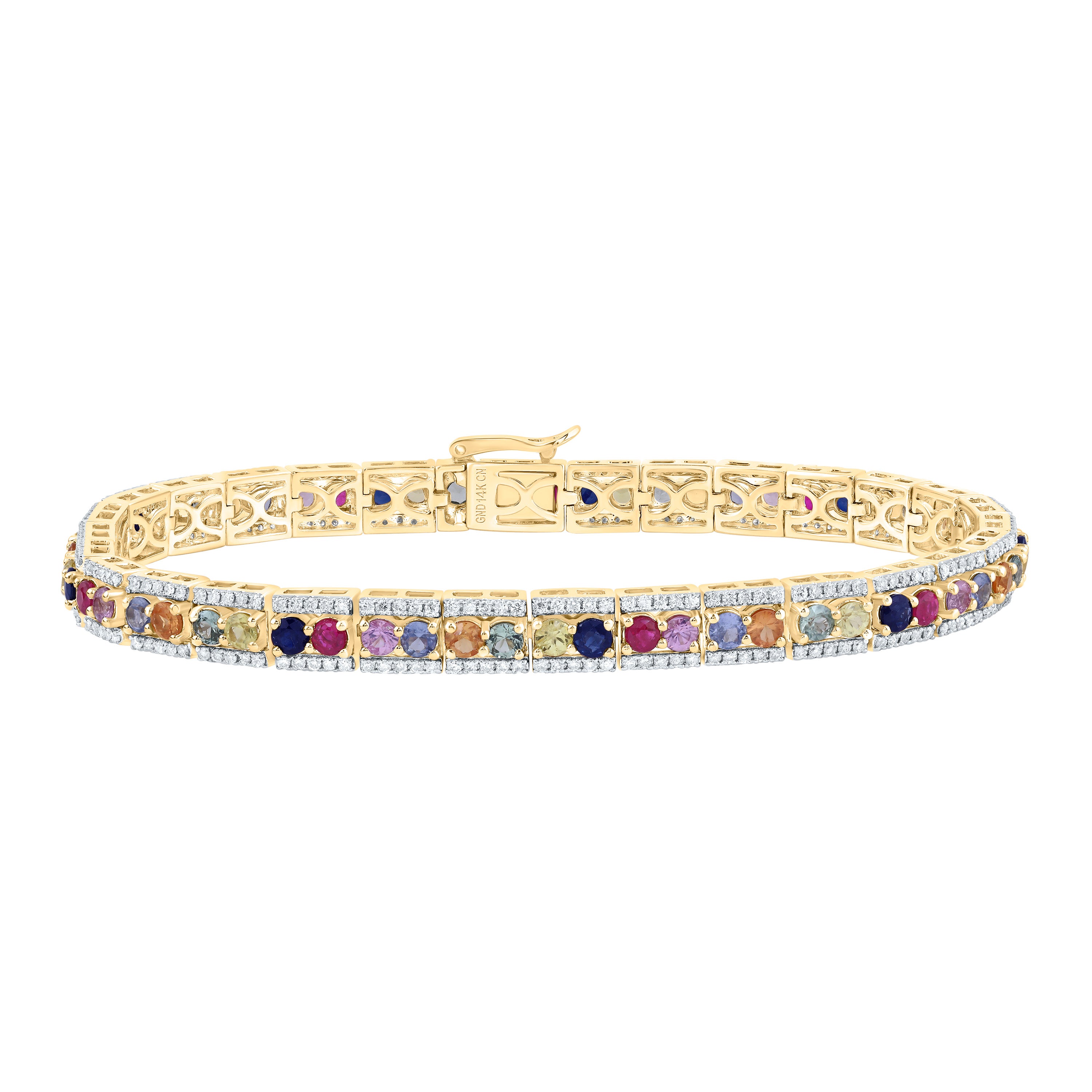 1 1/5Ctw-Nat Dia Cn 5 Ctw-Rd-Nat Gem Multi Clr Sapphire Bracelet (7 Inch) (15.212 grams)