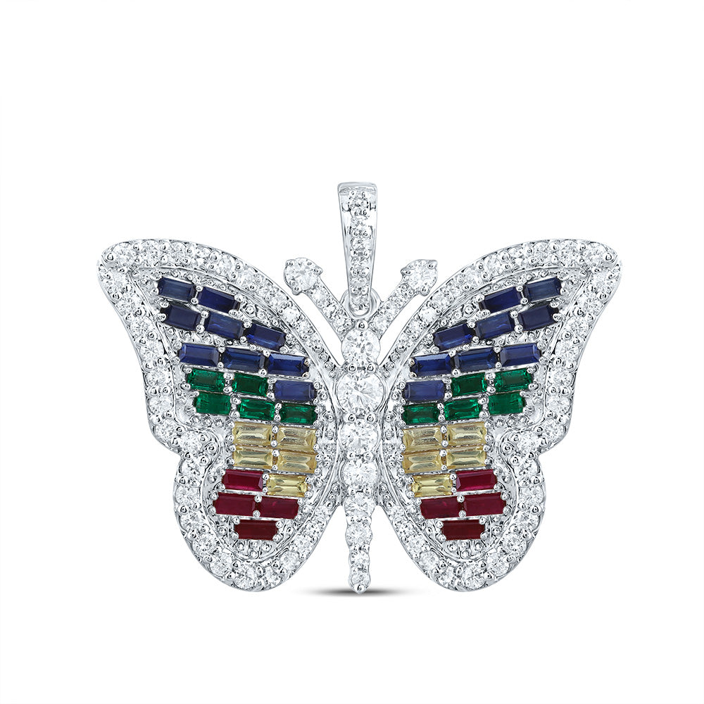 3/4Ctw-Dia Cn 1 1/2Ctw Ag-Nat Gem Multi Clr Sapphire Butterfly Pendant (4.1366 grams)