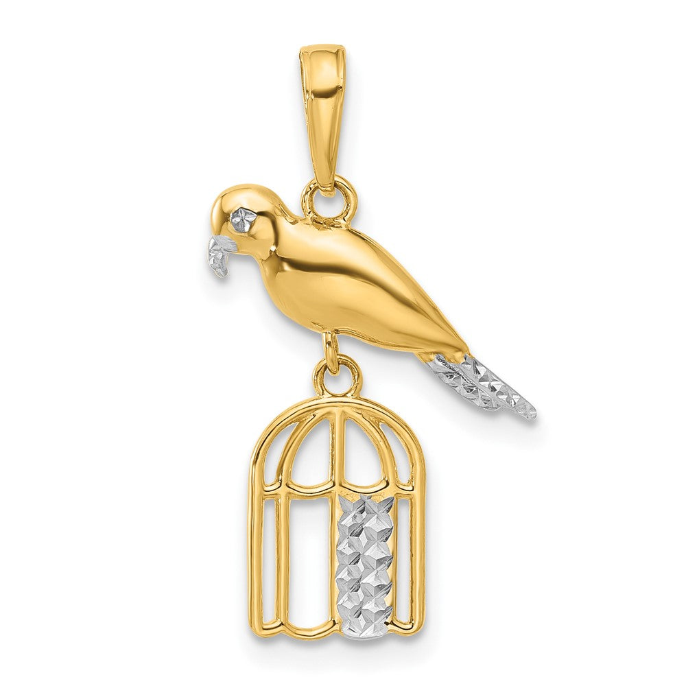 14k Yellow & Rhodium 16.75 mm D/C Bird on Bird Cage Pendant (1.35 grams)