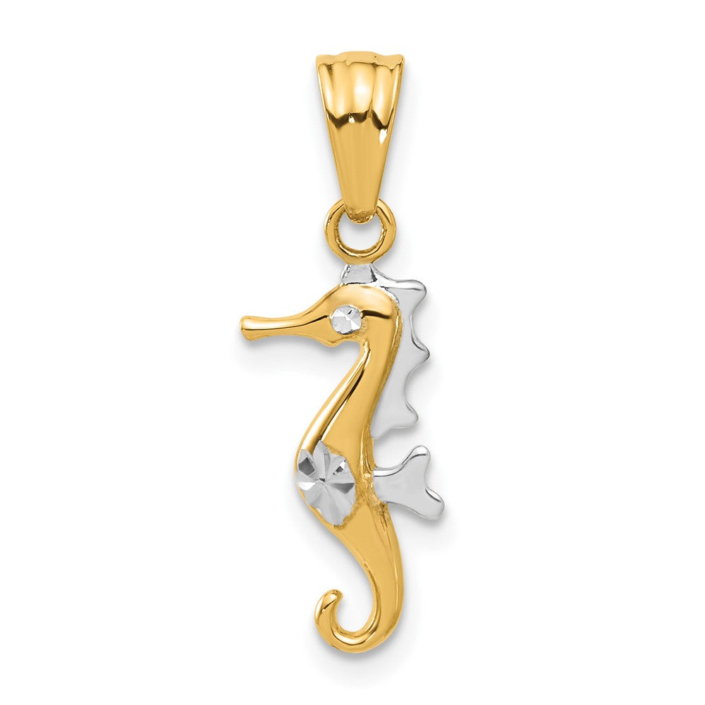 14k Yellow & Rhodium 8.3 mm Polished and Diamond Cut Seahorse Pendant (0.76 grams)