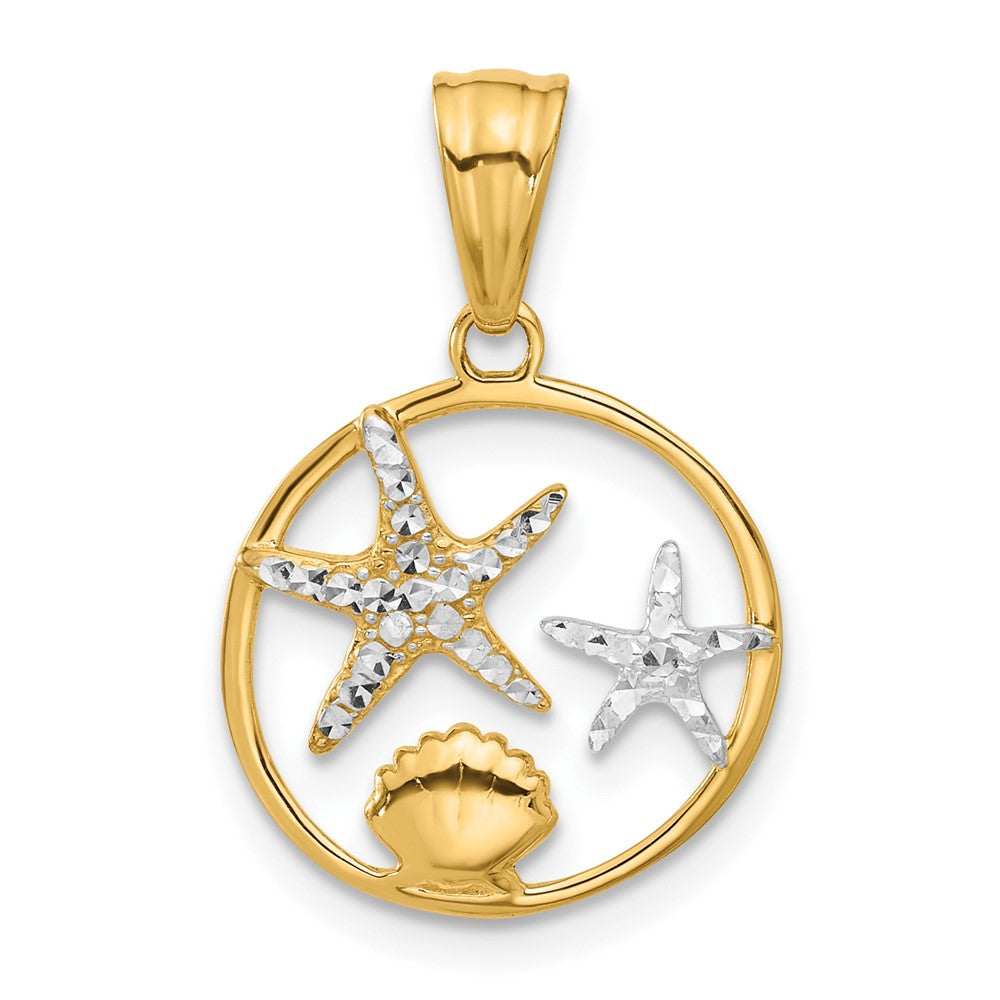 14k Yellow & Rhodium 15.7 mm Diamond Cut Starfish Seashell in Circle Pendant (1.26 grams)