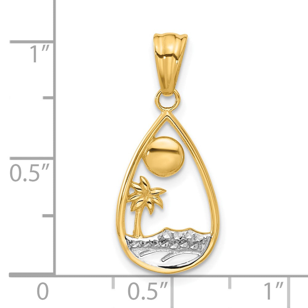 14k Yellow & Rhodium 11.7 mm Diamond Cut Ocean Scene Teardrop Pendant (1.48 grams)