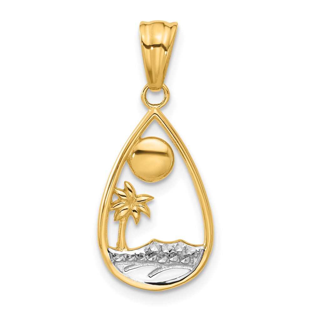 14k Yellow & Rhodium 11.7 mm Diamond Cut Ocean Scene Teardrop Pendant (1.48 grams)
