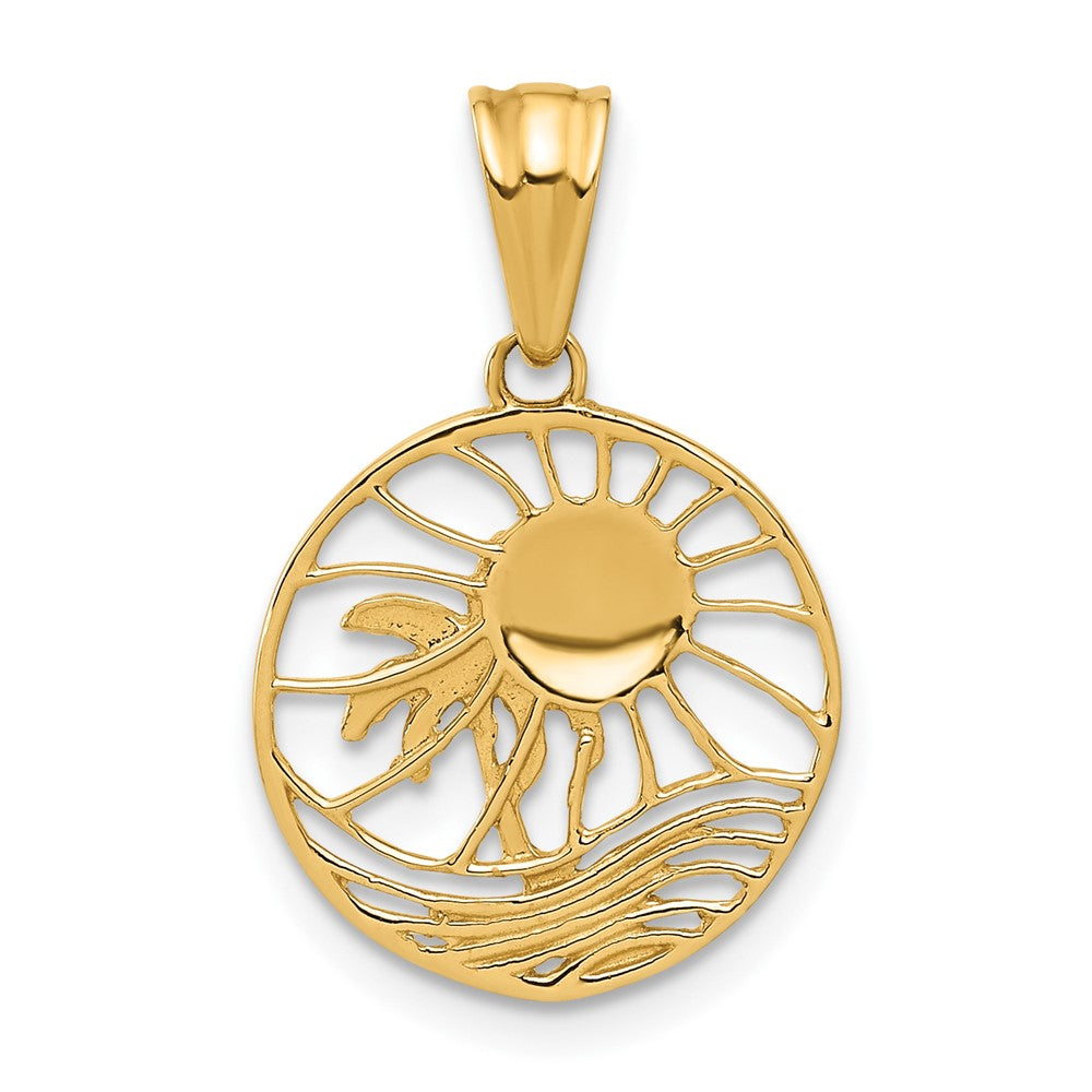 14k Yellow & Rhodium 15.4 mm Ocean and Palm Tree Round Pendant (1.17 grams)