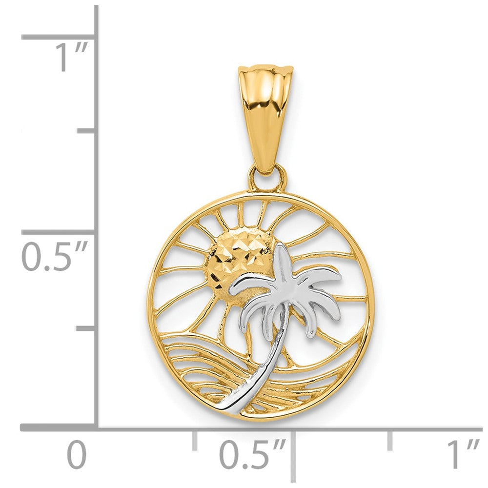14k Yellow & Rhodium 15.4 mm Ocean and Palm Tree Round Pendant (1.17 grams)