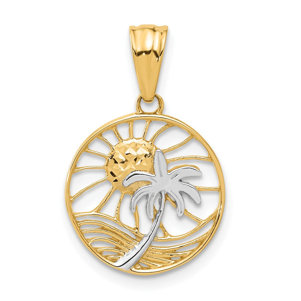 14k Yellow & Rhodium 15.4 mm Ocean and Palm Tree Round Pendant (1.17 grams)